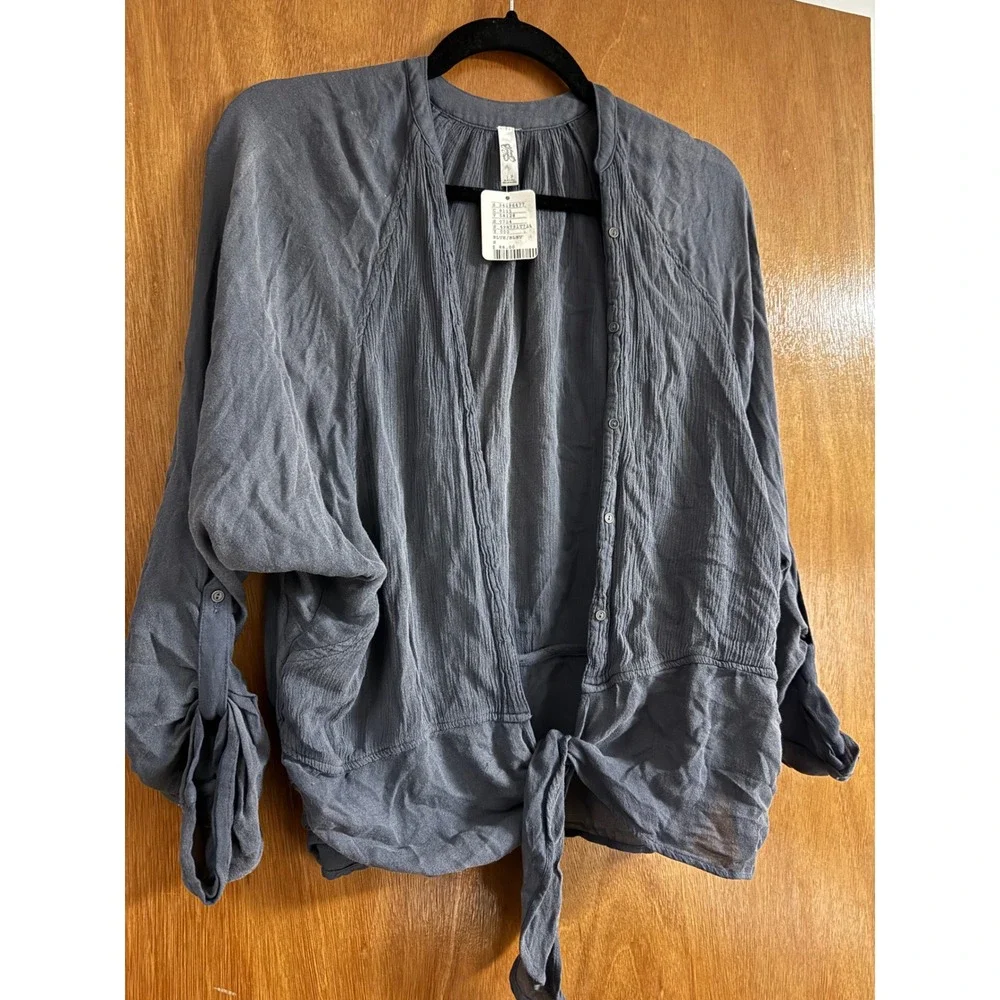Free People Slate Blue Grey Rayon Gauze Tie Front Blouse Small NWT
